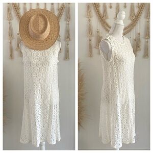 Sundance cream crochet vintage lace mini dress sheer swimsuit cover up resort L